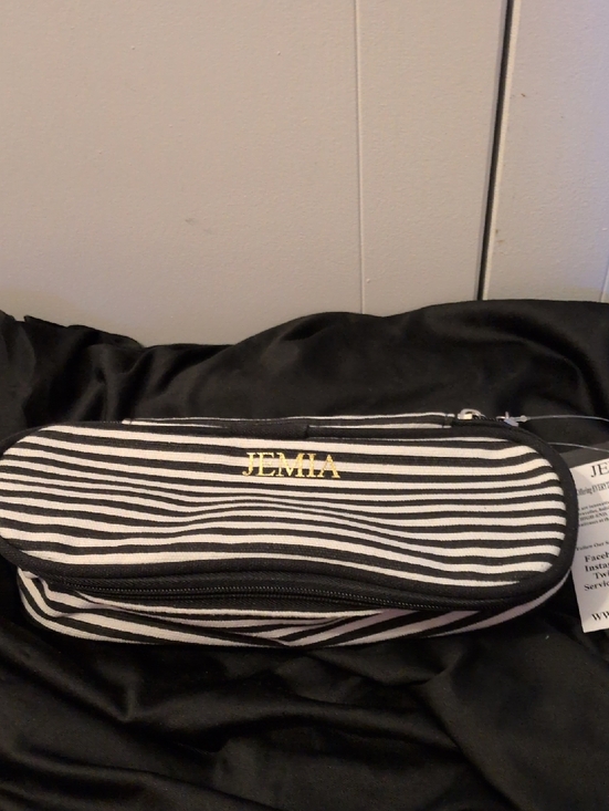 jemia Handbags - MIA Black and White Striped Cosmetic Bag with Gold Logo